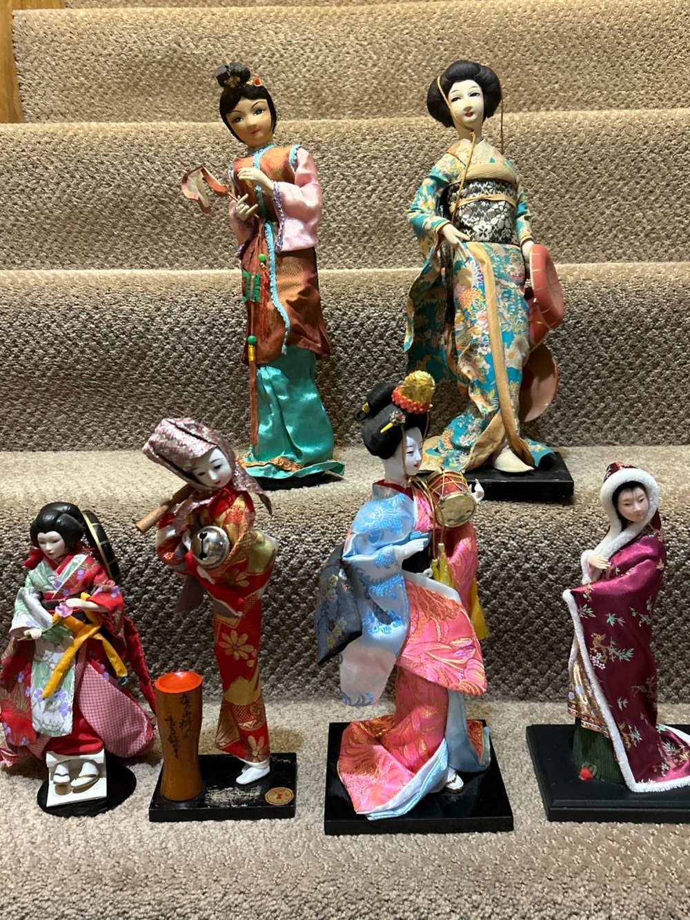 Set of 6 Vintage Japanese Geisha Dolls  Kimono Figurines Fabric Porcelain Pretty